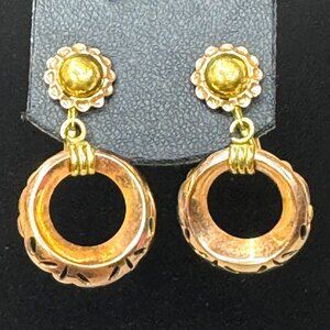 Vtg Hoop Van Dell 12K Gold Filled ClipOn Screwback Earrings Etched Flower Dangle
